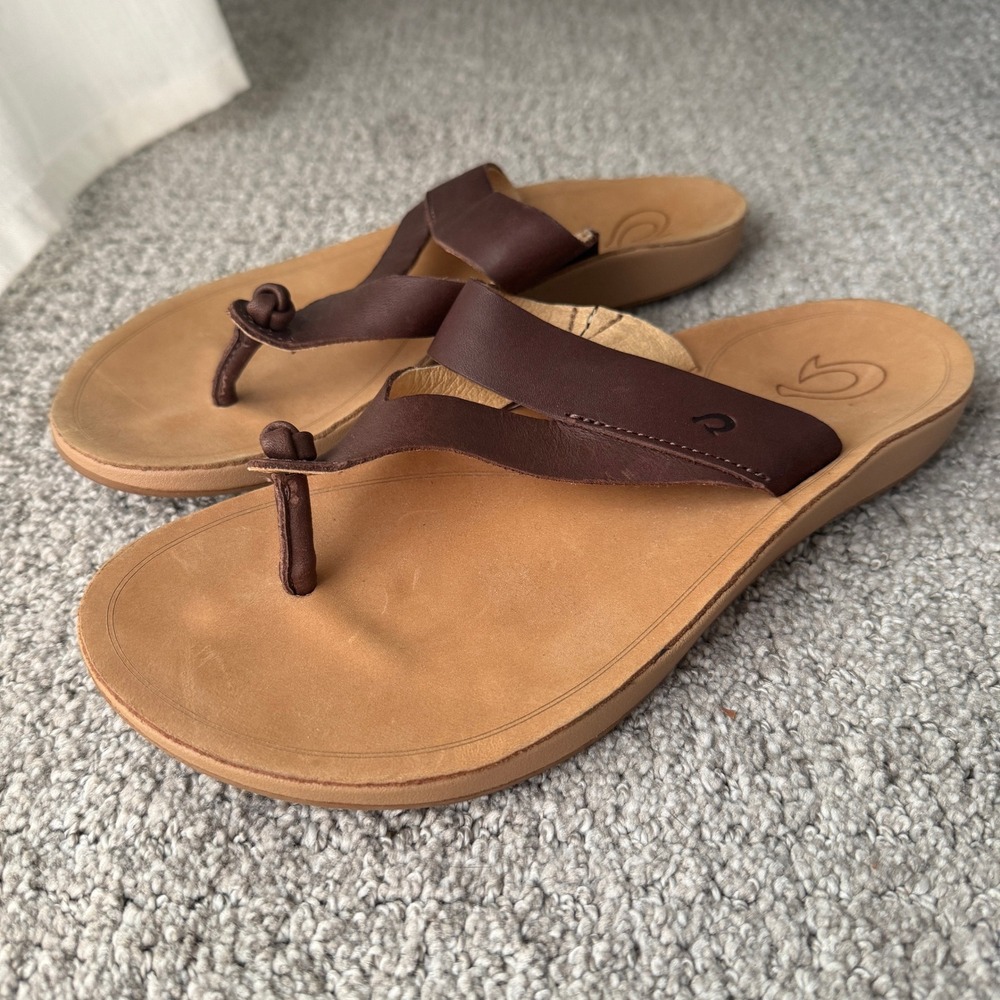 OluKai Kaekae Ko'o Women 7 Dark Java Sahara Leather Flip Flop Sandals Comfort